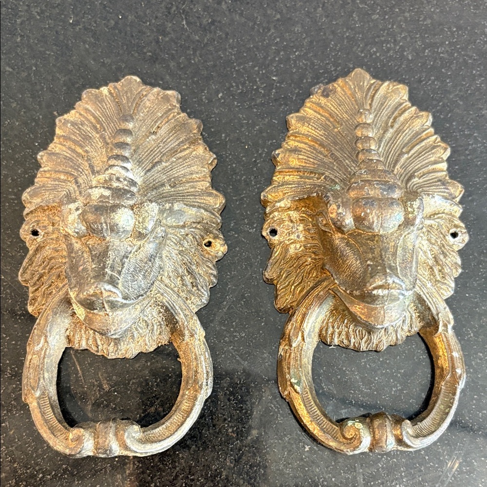 Antique Brass Lion/Dragon Style Side ORNAMENTS or cabinet pulls/set of 2